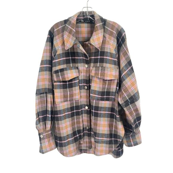 Zara Brown Plaid Shacket Button Down Collared Heavy Cotton Flannel Shirt Large - Picture 1 of 6